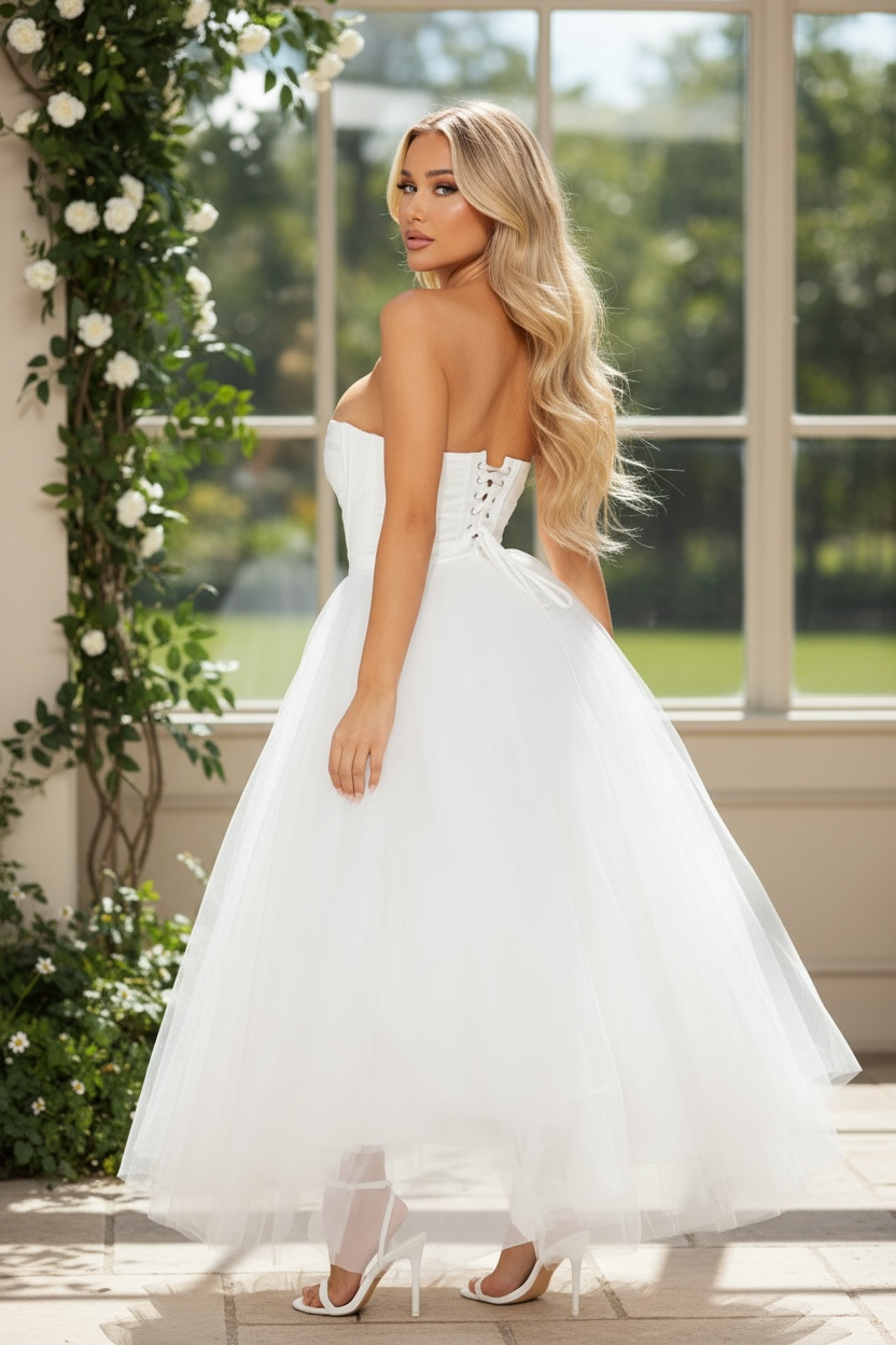Heaven Sent Corset Tulle Midi Dress - White
