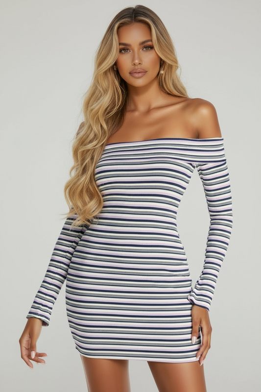 Cool Girl Energy Striped Ribbed Mini Dress - Lavender/Combo