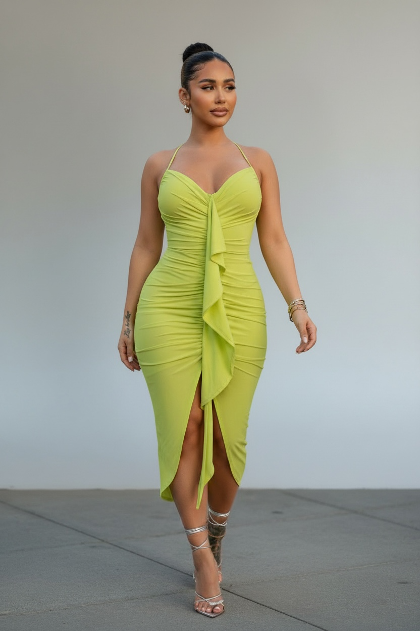 Island Vibes Bodycon Midi Dress - Chartreuse