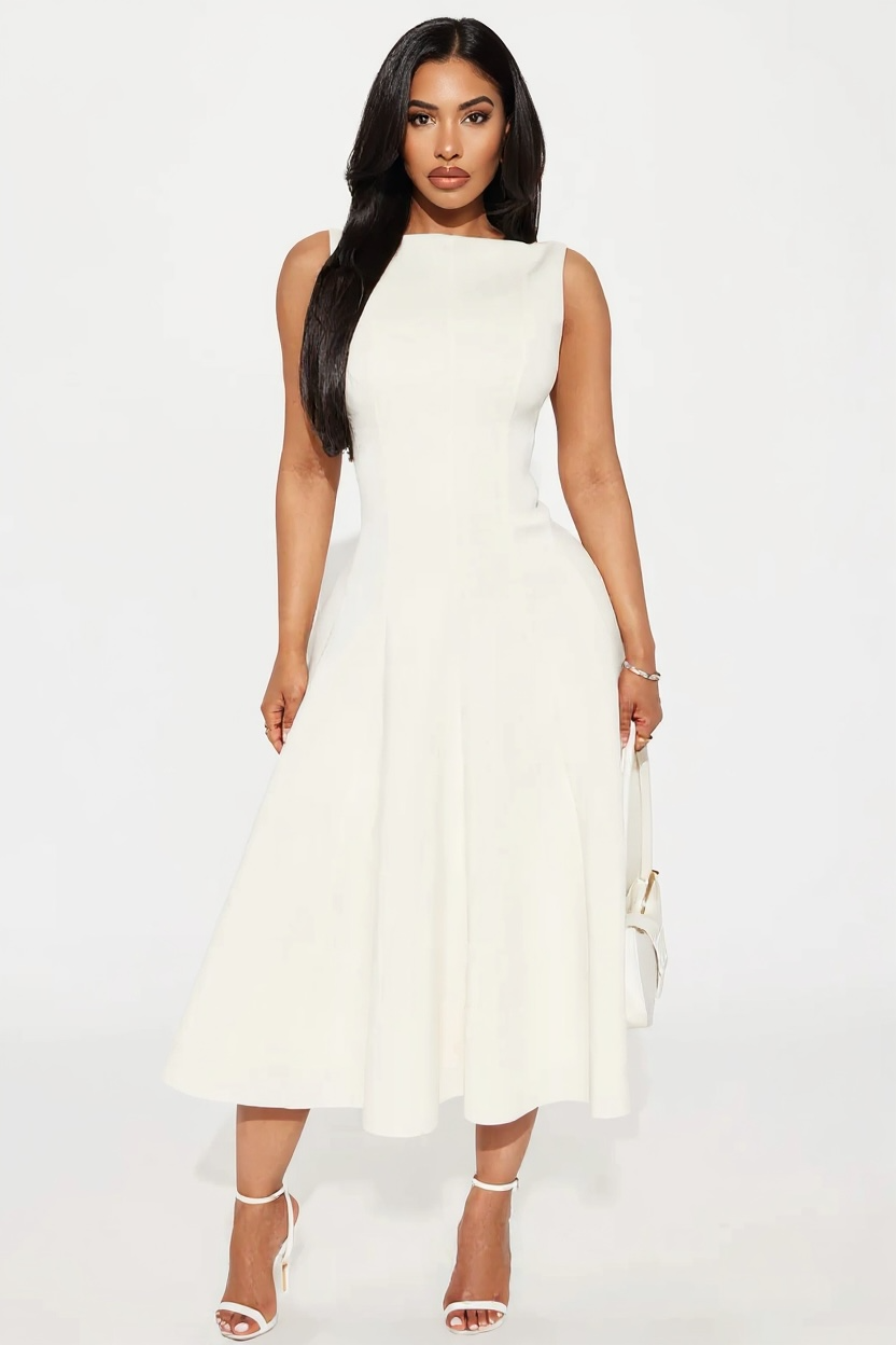 Cream Of The Chic Pleated Midi Dress - Ivory