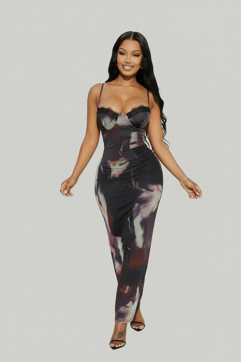 Soft Seduction Printed Mesh Maxi Dress - Black/Combo