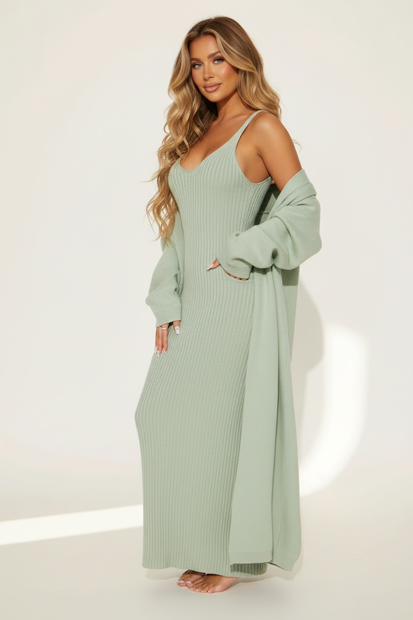 Rich Girl Uniform Sweater Maxi Dress Set - Sage