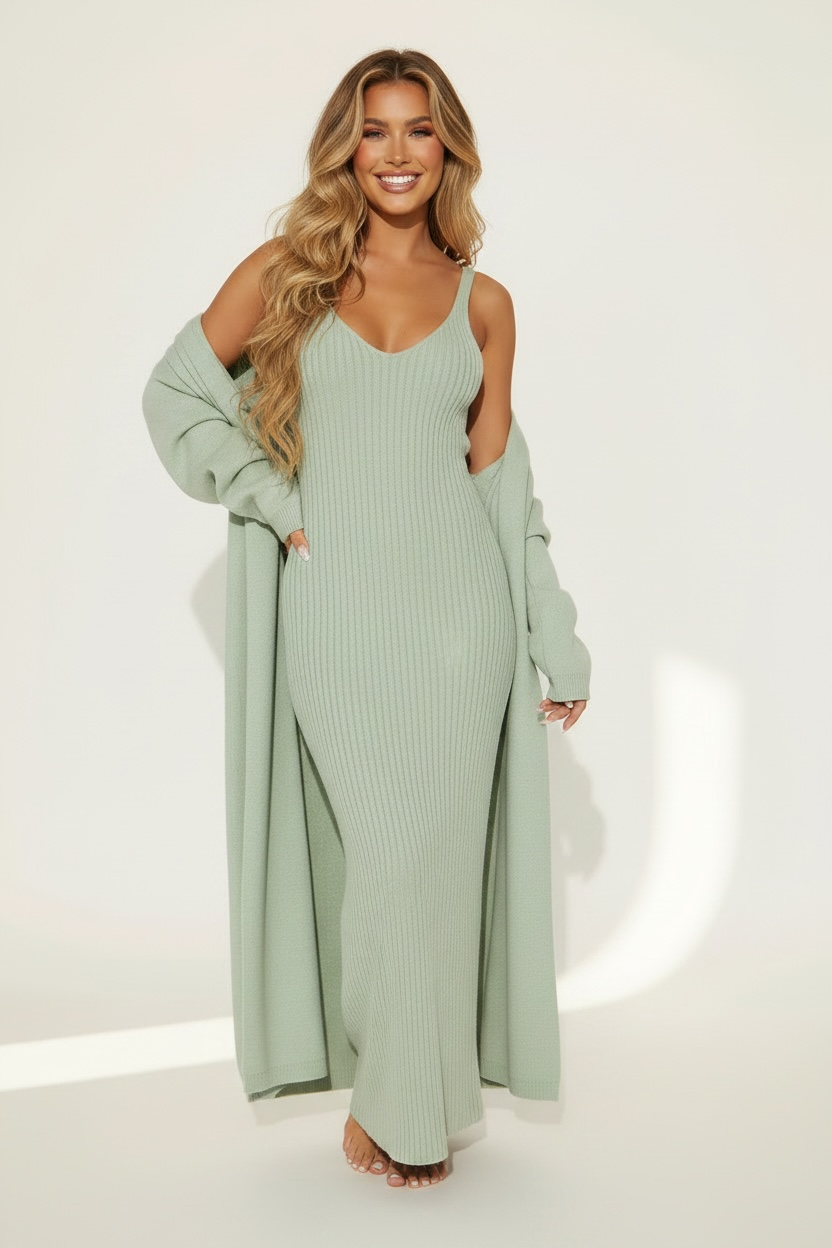 Rich Girl Uniform Sweater Maxi Dress Set - Sage