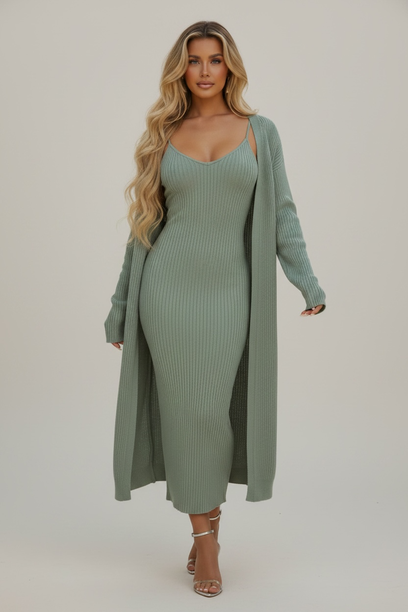 Rich Girl Uniform Sweater Maxi Dress Set - Sage