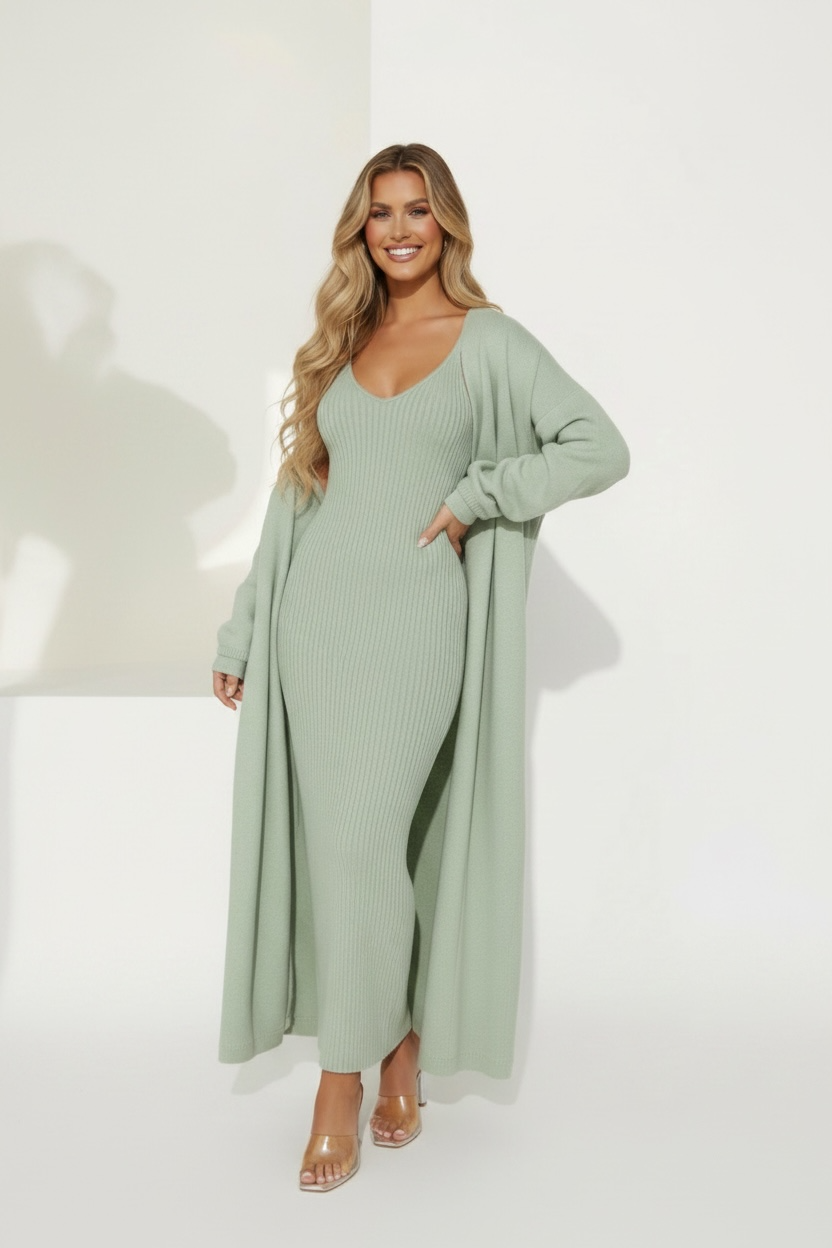 Rich Girl Uniform Sweater Maxi Dress Set - Sage