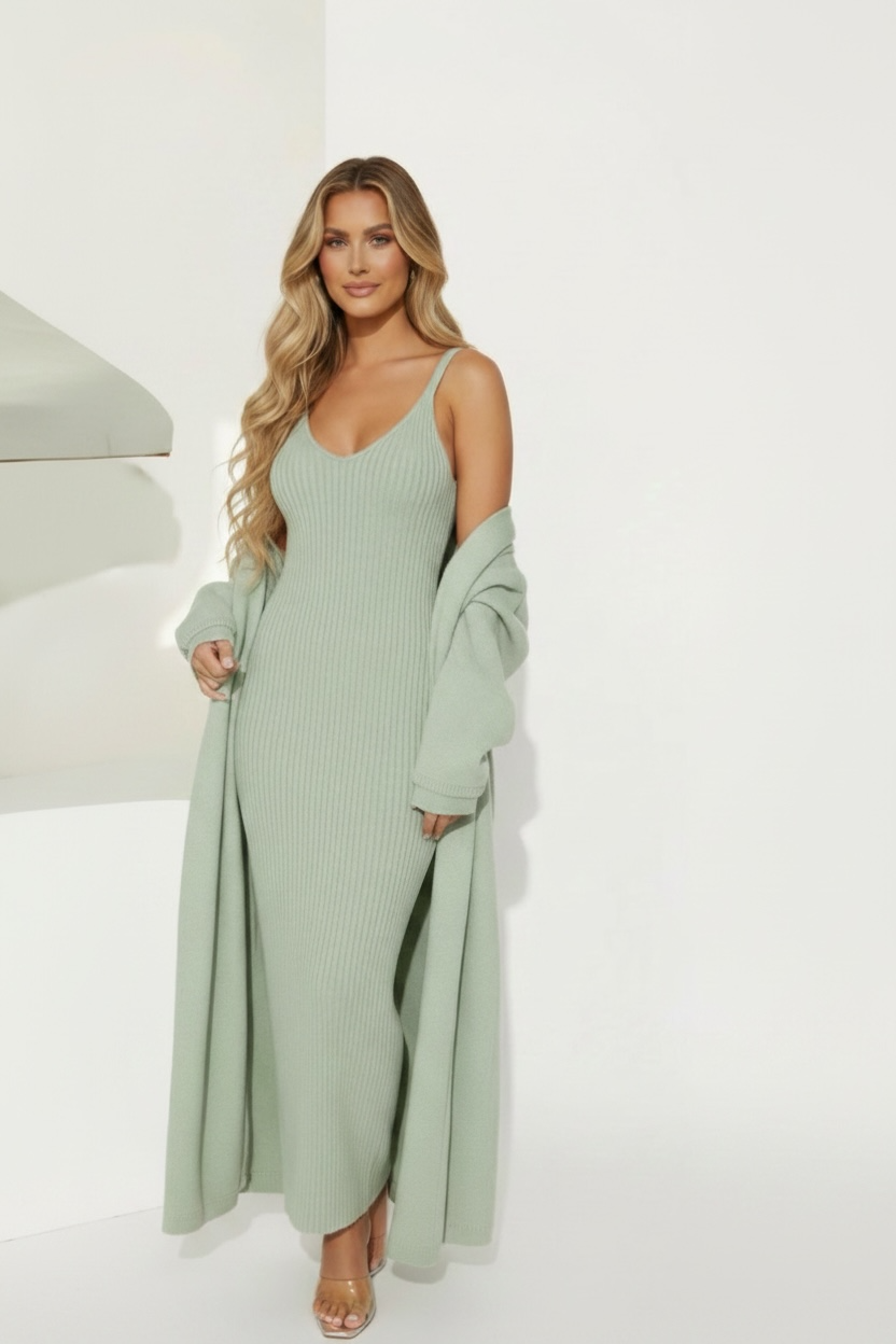 Rich Girl Uniform Sweater Maxi Dress Set - Sage