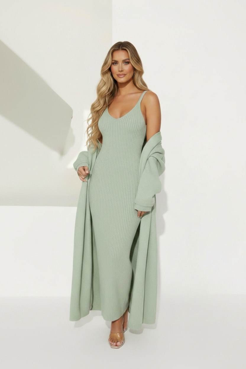 Rich Girl Uniform Sweater Maxi Dress Set - Sage