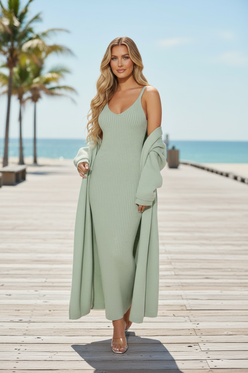 Rich Girl Uniform Sweater Maxi Dress Set - Sage
