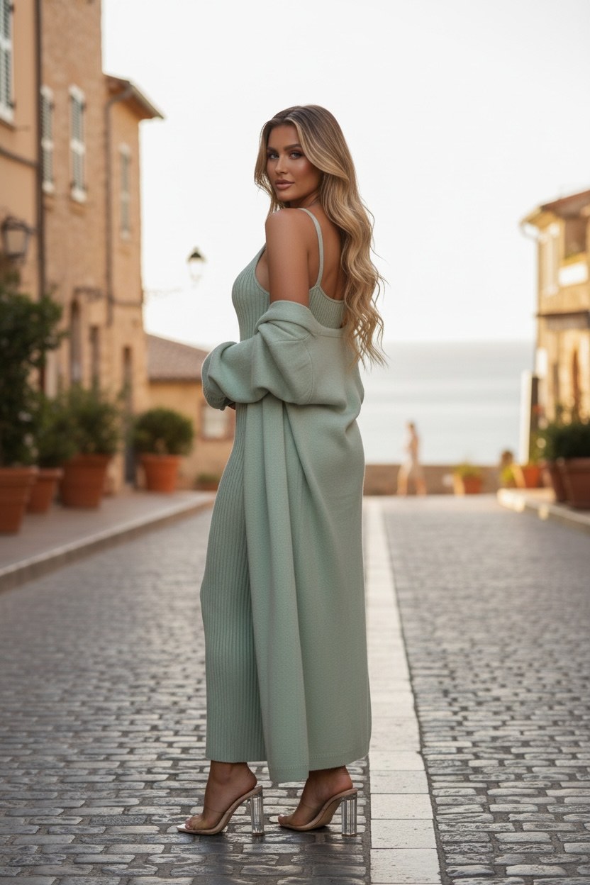 Rich Girl Uniform Sweater Maxi Dress Set - Sage