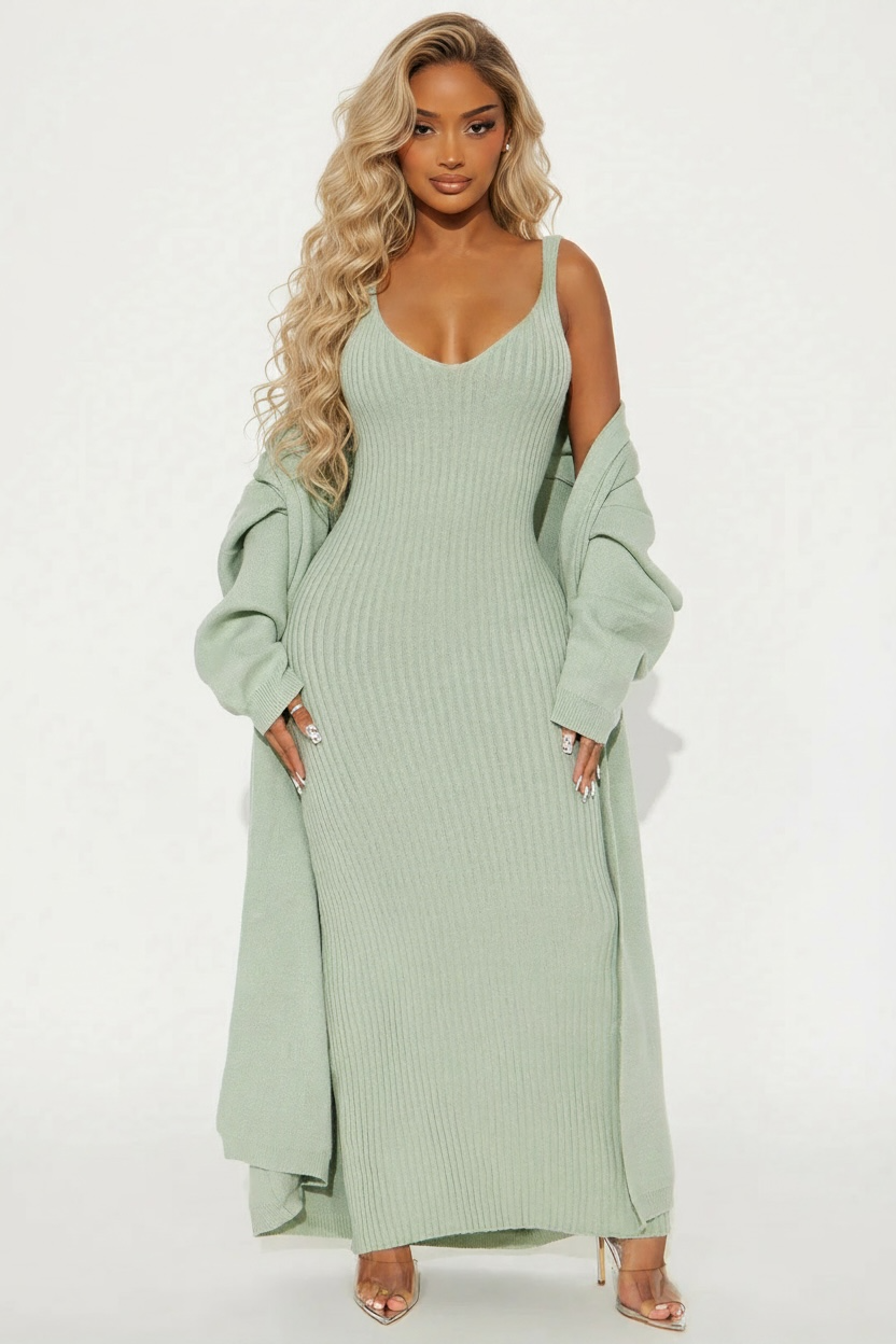 Rich Girl Uniform Sweater Maxi Dress Set - Sage