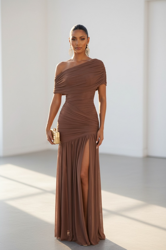 Handle With Desire Ruched Off-Shoulder Maxi Dress - Latte