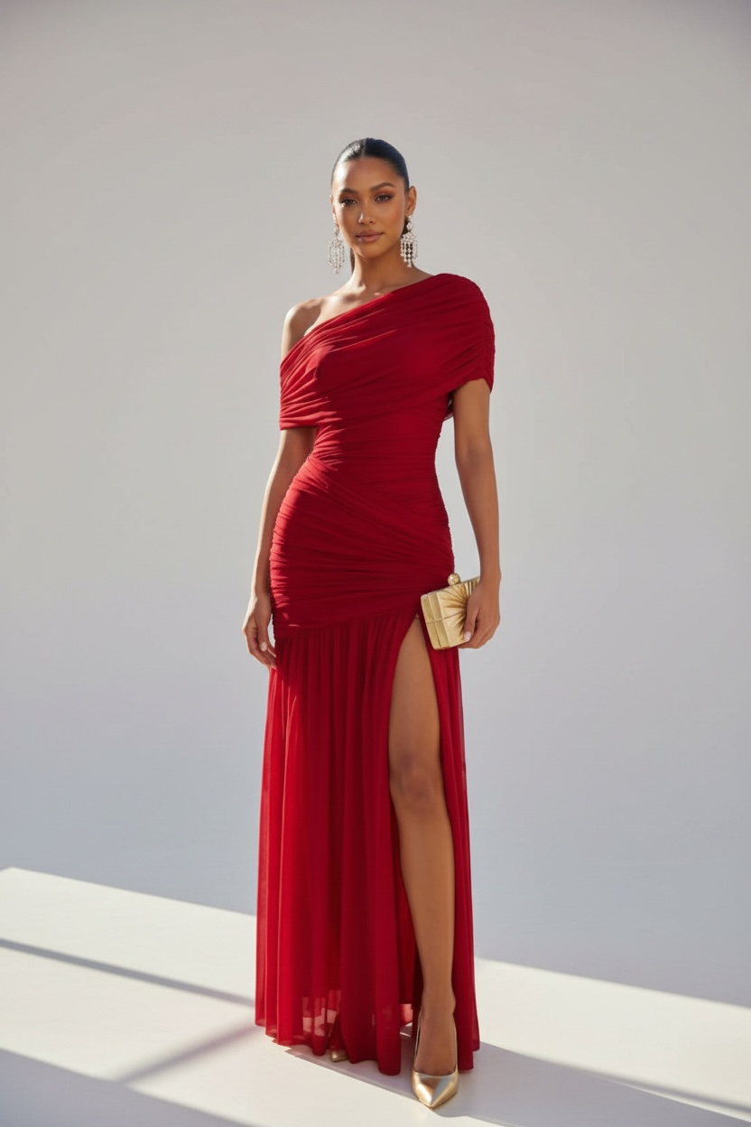 Handle With Desire Ruched Off-Shoulder Maxi Dress - Ruby