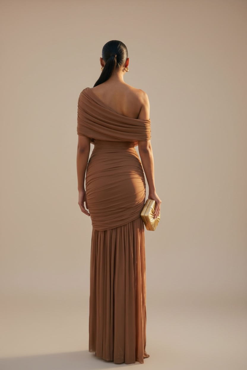 Espresso Your Desire Ruched Off-Shoulder Mesh Maxi Dress - Mocha