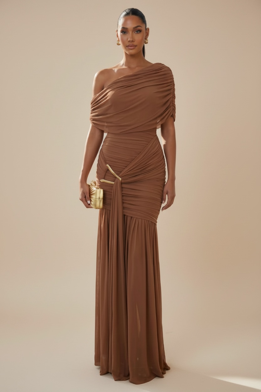 Espresso Your Desire Ruched Off-Shoulder Mesh Maxi Dress - Mocha