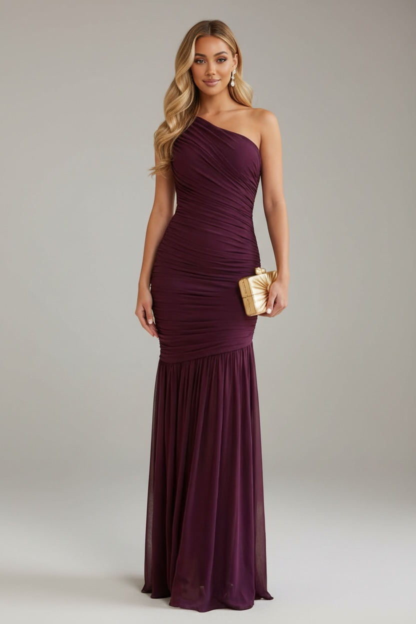 Forbidden Fruit Ruched Mesh One-Shoulder Asymmetrical Maxi Dress - Black Cherry