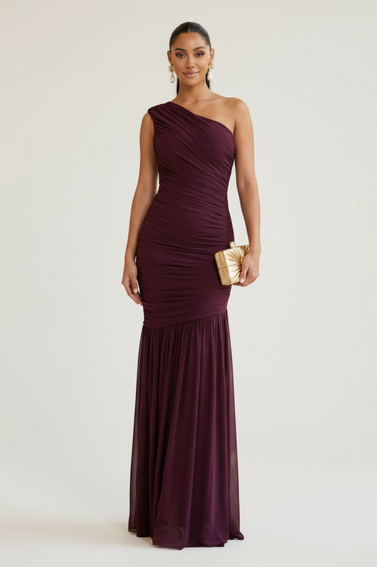 Forbidden Fruit Ruched Mesh One-Shoulder Asymmetrical Maxi Dress - Black Cherry