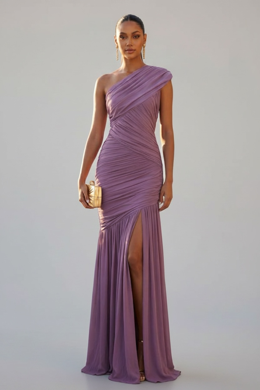 Soft Launch Ruched Mesh One-Shoulder Asymmetrical Maxi Dress - Dusty Lavender