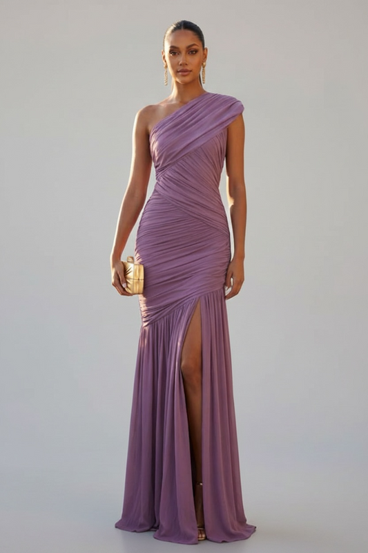 Soft Launch Ruched Mesh One-Shoulder Asymmetrical Maxi Dress - Dusty Lavender