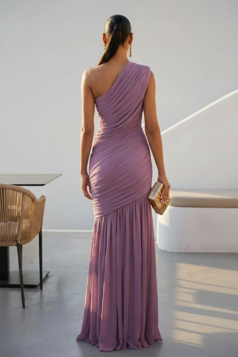Soft Launch Ruched Mesh One-Shoulder Asymmetrical Maxi Dress - Dusty Lavender