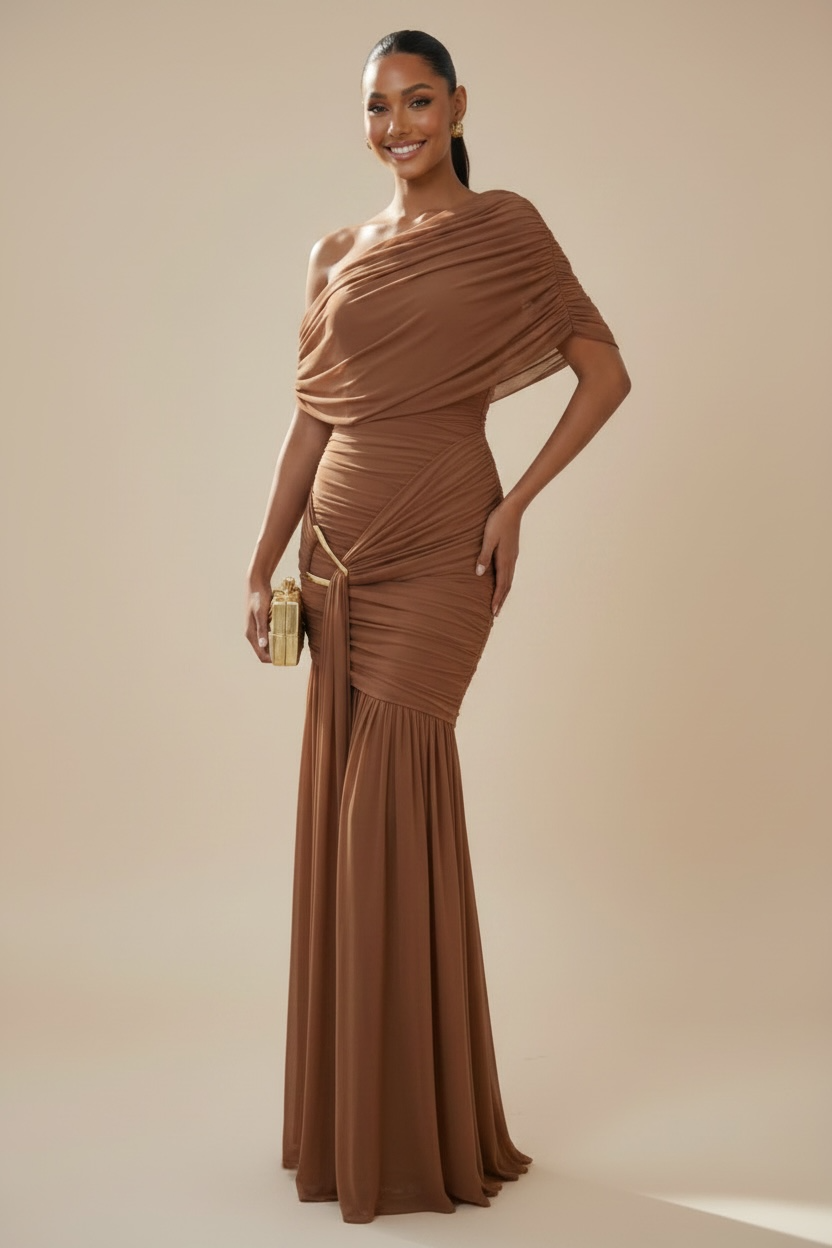 Espresso Your Desire Ruched Off-Shoulder Mesh Maxi Dress - Mocha