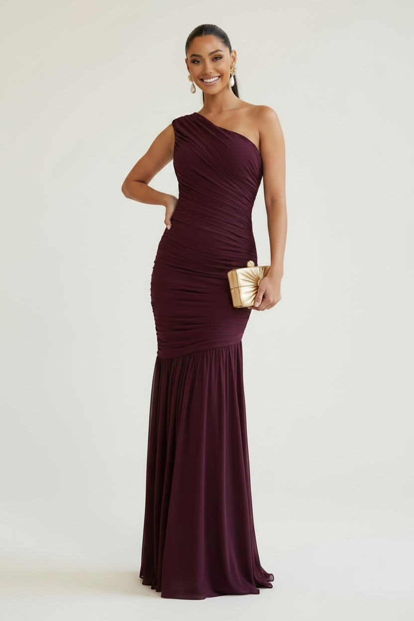 Forbidden Fruit Ruched Mesh One-Shoulder Asymmetrical Maxi Dress - Black Cherry