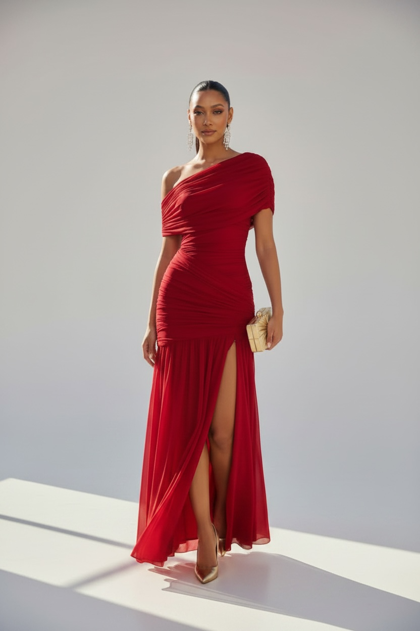 Handle With Desire Ruched Off-Shoulder Maxi Dress - Ruby
