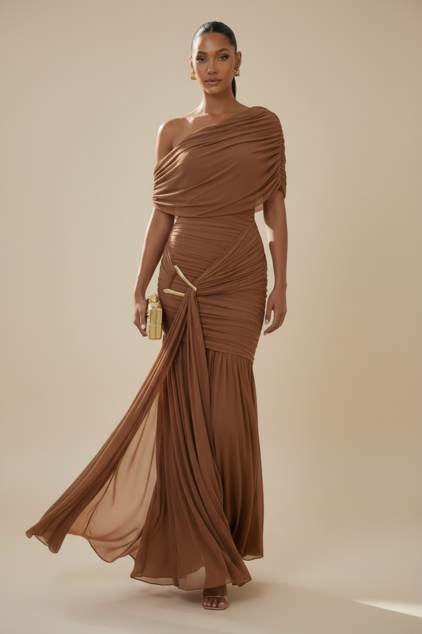Espresso Your Desire Ruched Off-Shoulder Mesh Maxi Dress - Mocha