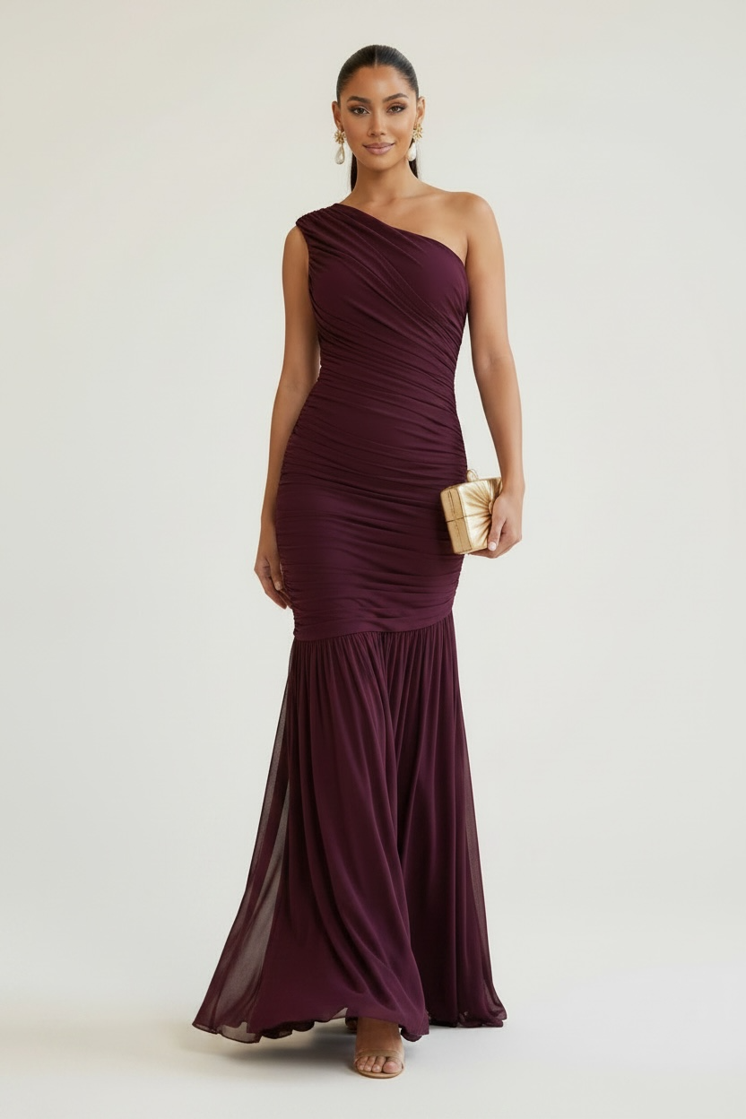 Forbidden Fruit Ruched Mesh One-Shoulder Asymmetrical Maxi Dress - Black Cherry