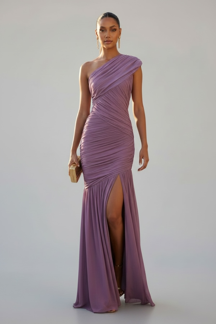 Soft Launch Ruched Mesh One-Shoulder Asymmetrical Maxi Dress - Dusty Lavender