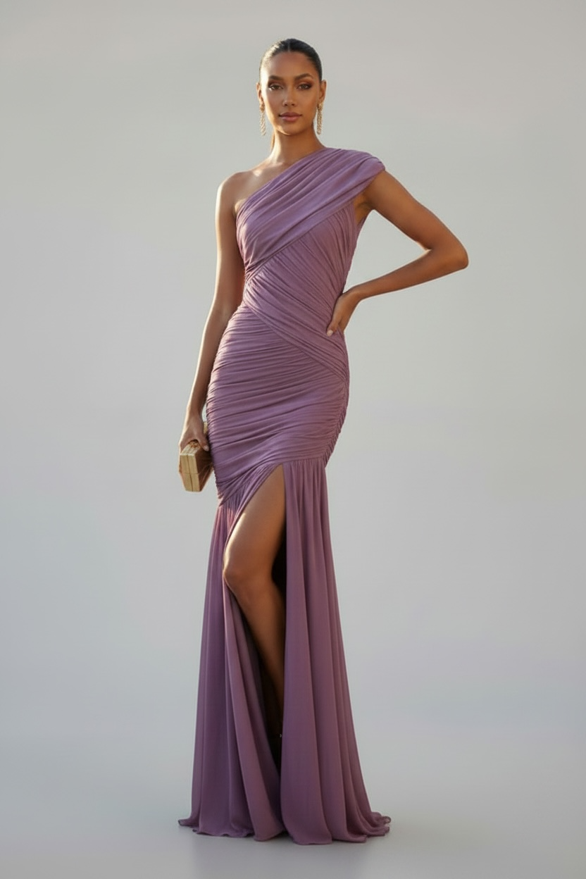 Soft Launch Ruched Mesh One-Shoulder Asymmetrical Maxi Dress - Dusty Lavender