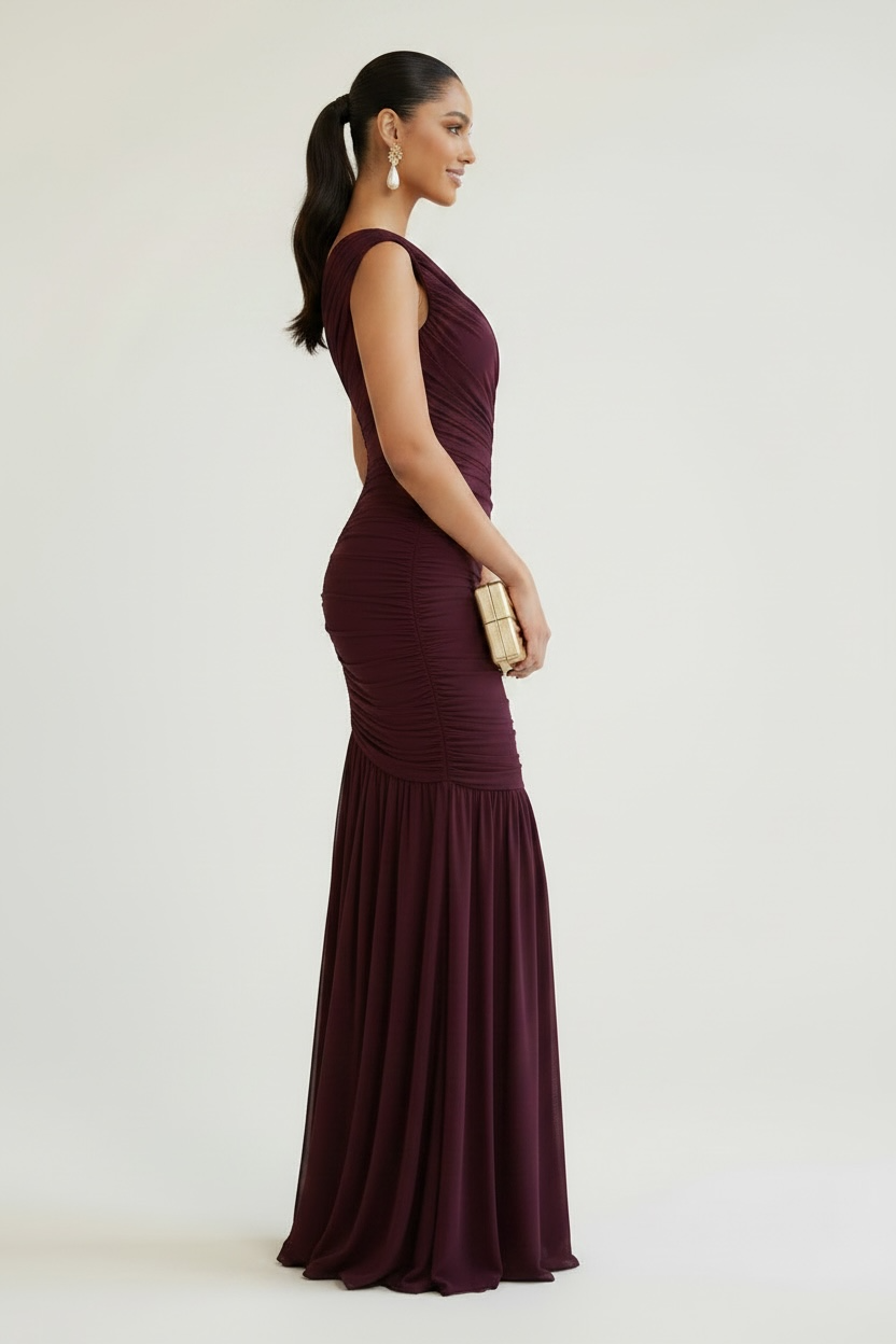 Forbidden Fruit Ruched Mesh One-Shoulder Asymmetrical Maxi Dress - Black Cherry