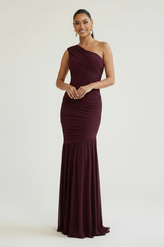Forbidden Fruit Ruched Mesh One-Shoulder Asymmetrical Maxi Dress - Black Cherry