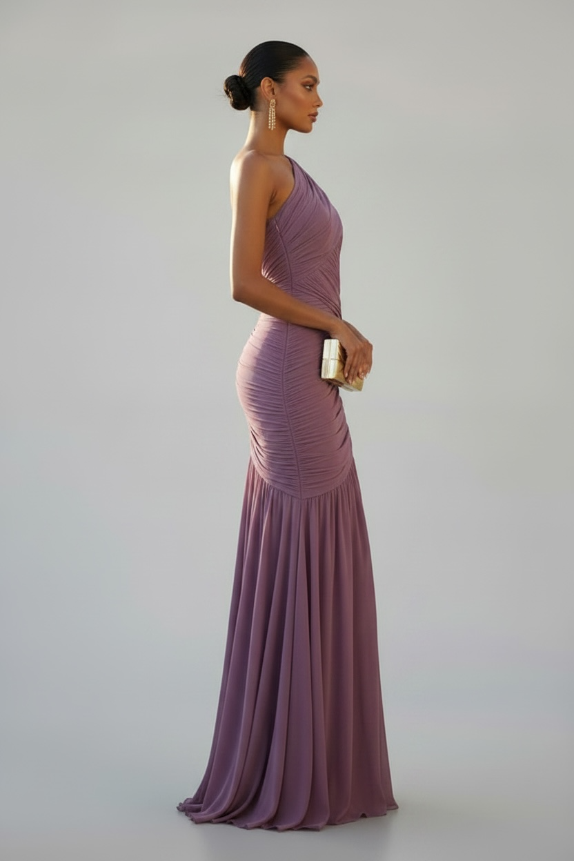 Soft Launch Ruched Mesh One-Shoulder Asymmetrical Maxi Dress - Dusty Lavender