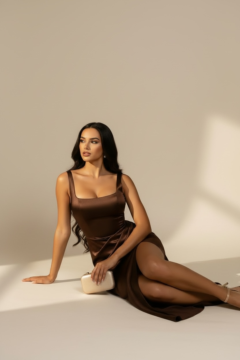 Dark Indulgence Satin High Slit Maxi Dress - Chocolate