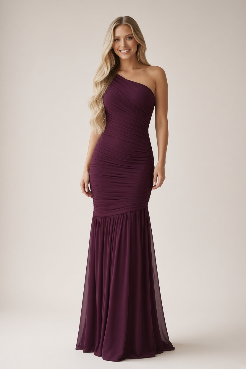 Forbidden Fruit Ruched Mesh One-Shoulder Asymmetrical Maxi Dress - Black Cherry