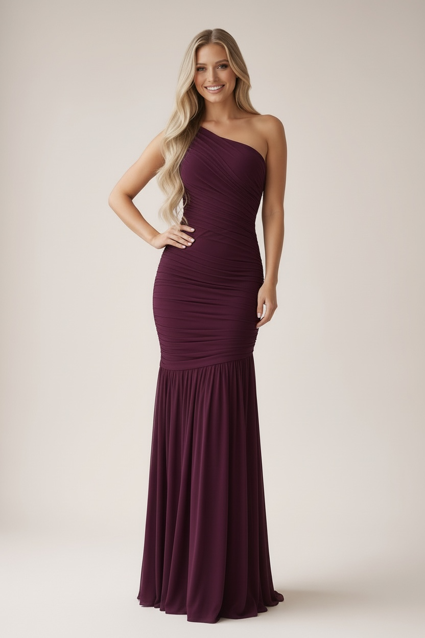 Forbidden Fruit Ruched Mesh One-Shoulder Asymmetrical Maxi Dress - Black Cherry
