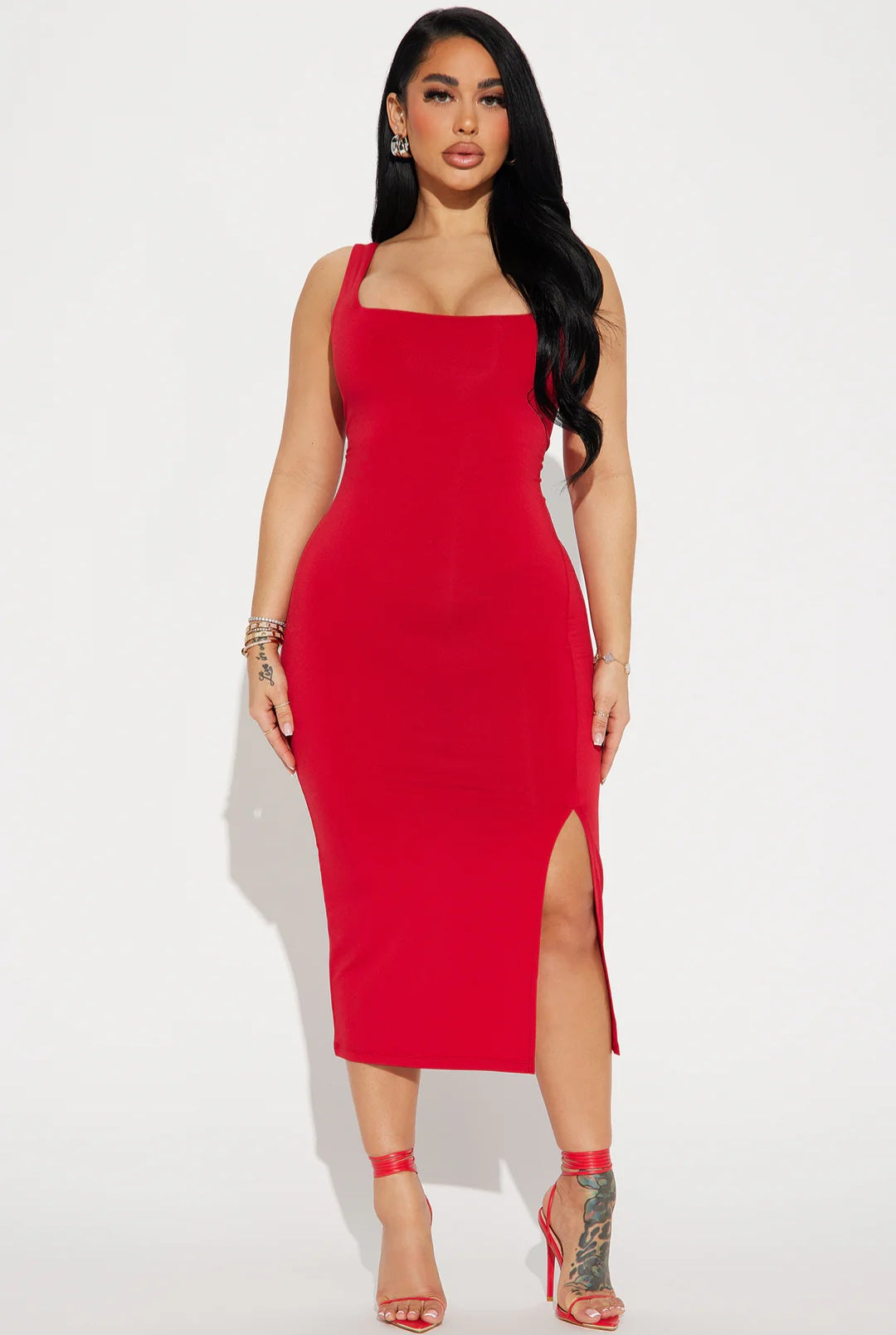 Heartbreaker in Red Curve Hugging Midi Dress - Red