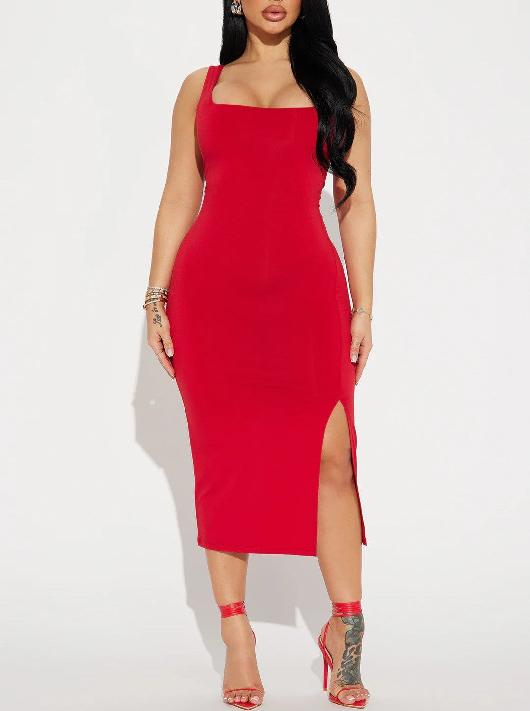 Heartbreaker in Red Curve Hugging Midi Dress - Red