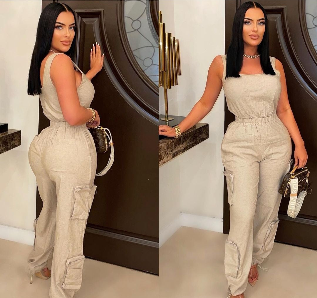 Luxe Cargo Linen Jumpsuit - Black