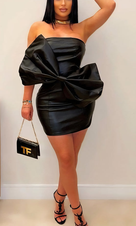 Bold Move Faux Leather Bow Mini Dress - Black