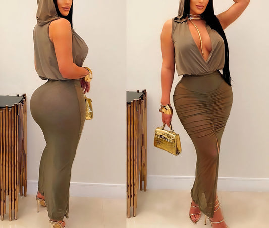 Sheer Ambition Hooded Bodycon Dress - Olive