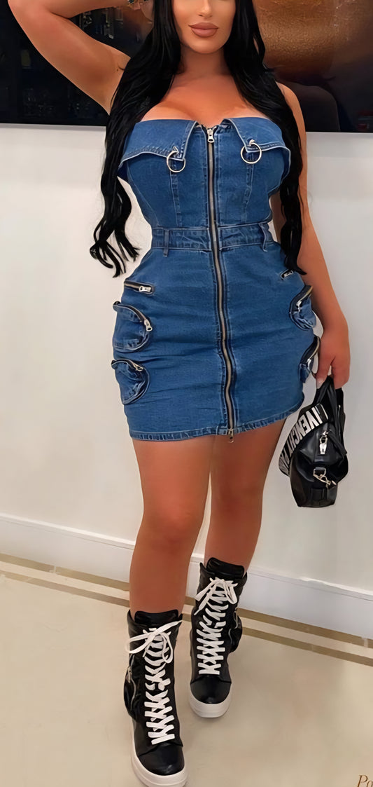 Zip It & Own It Denim Mini Dress - Blue