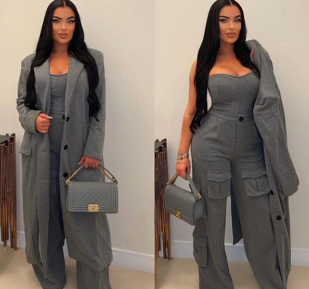 Chic In The Streets Jumpsuit Trench Coat Set - Gray