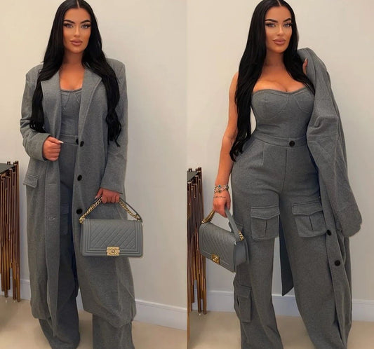 Chic In The Streets Jumpsuit Trench Coat Set - Gray