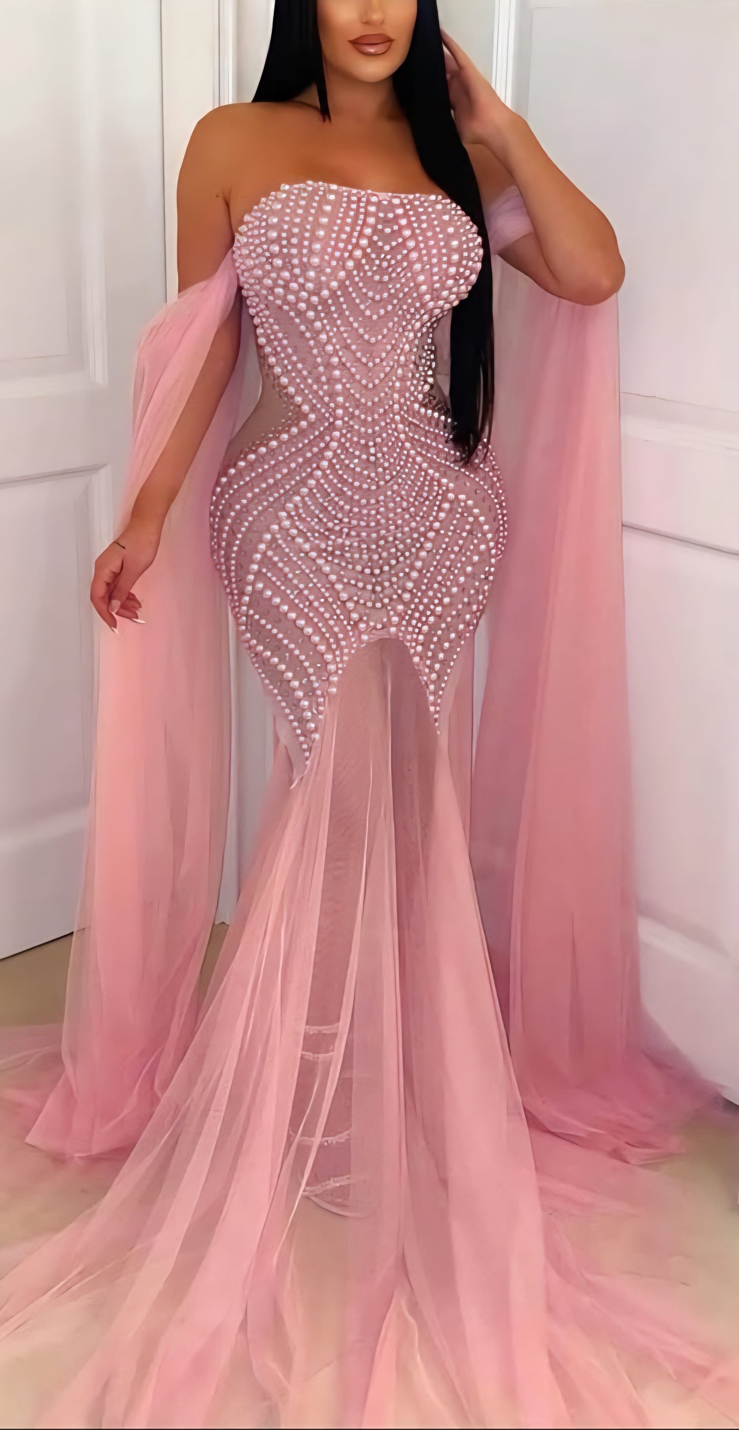 Goddess in Gold Rhinestones Strapless Ultra-Luxe Gown - Nude/Mocha