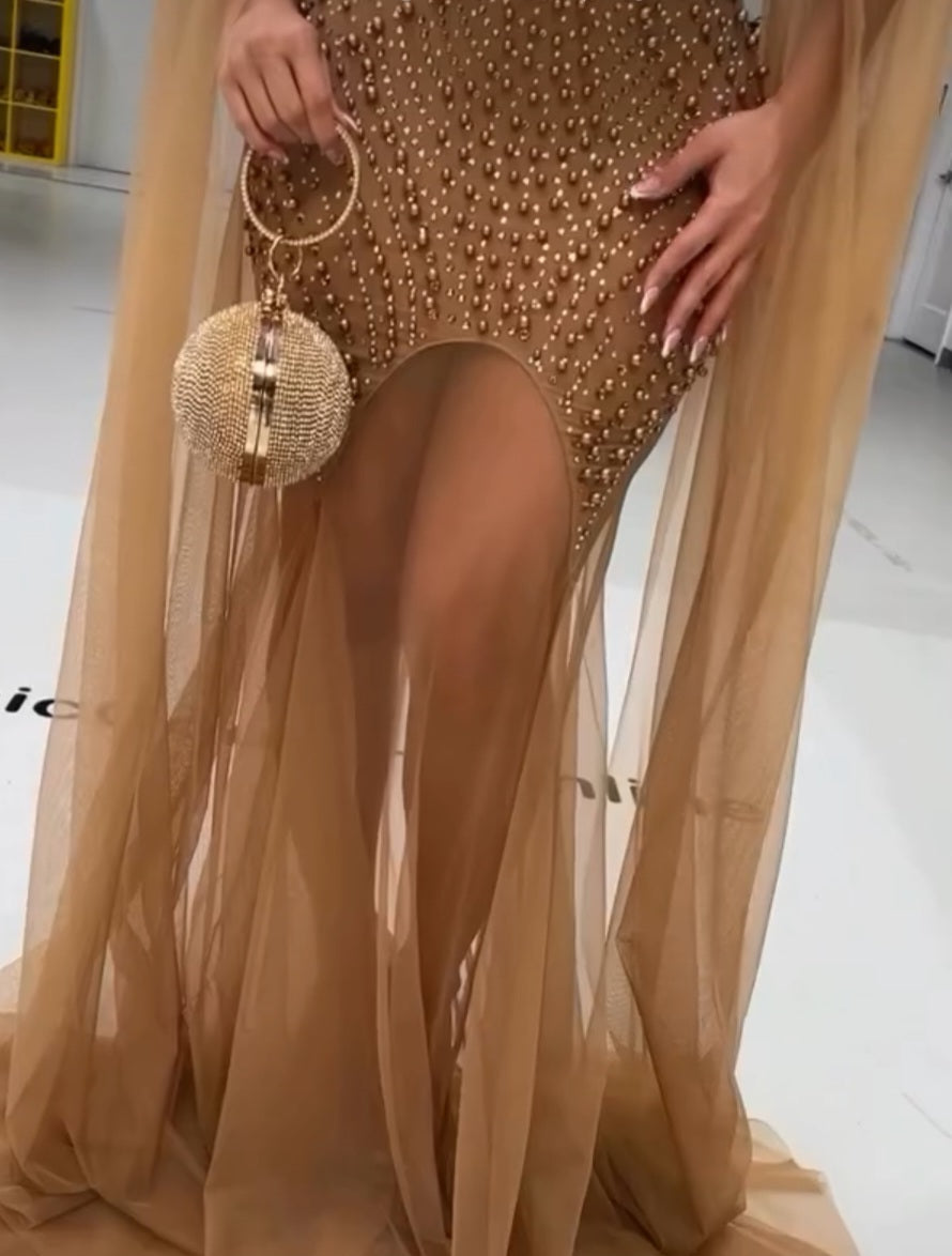 Goddess in Gold Rhinestones Strapless Ultra-Luxe Gown - Nude/Mocha