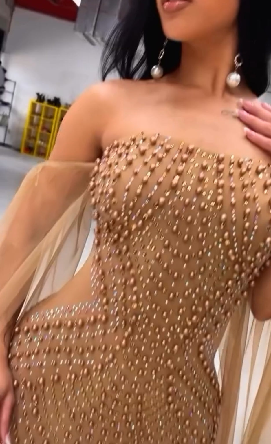 Goddess in Gold Rhinestones Strapless Ultra-Luxe Gown - Nude/Mocha