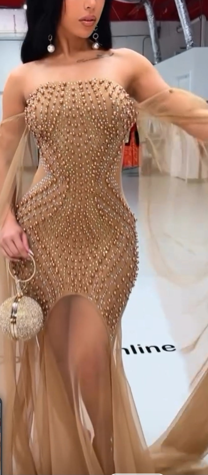 Goddess in Gold Rhinestones Strapless Ultra-Luxe Gown - Nude/Mocha