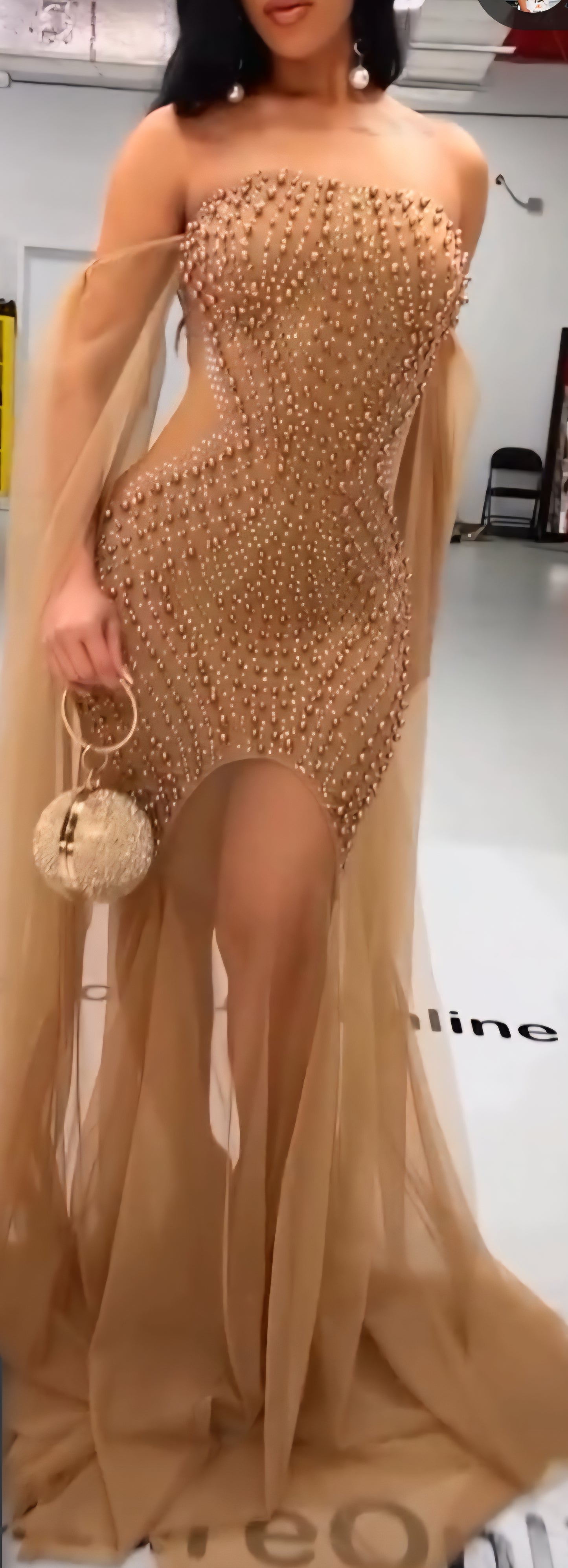 Goddess in Gold Rhinestones Strapless Ultra-Luxe Gown - Nude/Mocha
