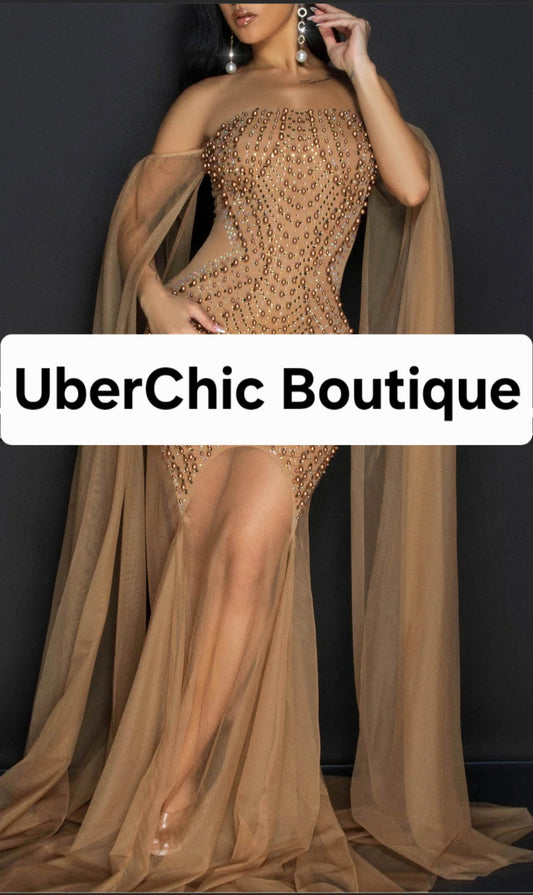 Goddess in Gold Rhinestones Strapless Ultra-Luxe Gown - Nude/Mocha